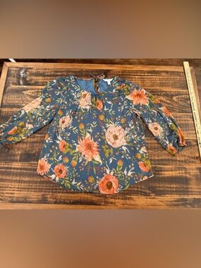 LC Lauren Conrad Blue Floral Back Tie-Neck Peasant Blouse